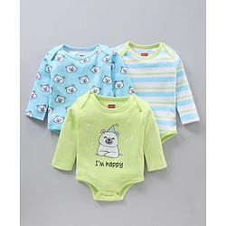 Babyhug 100% Cotton Full Sleeves Striped Onesies Bear Print Pack of 3 - Green Blue White