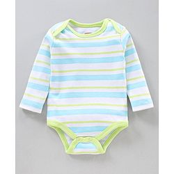 Babyhug 100% Cotton Full Sleeves Striped Onesies Bear Print Pack of 3 - Green Blue White
