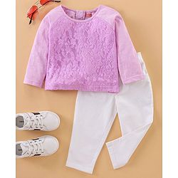Babyhug Full Sleeves Lace Top and Jeans Set - Lilac White
