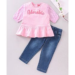 Babyhug Full Sleeves Top & Denim Jeans Adorable print - Pink Blue