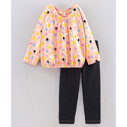 Babyhug Full Sleeves Polka Dot Top & Jeggings - Peach Black