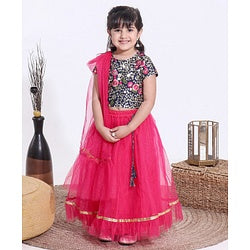 Babyhug Half Sleeves Sequined Choli and Mesh Lehenga Set with Ruffles Net Dupatta - Fuschia Navy Blue