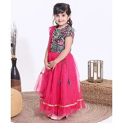 Babyhug Half Sleeves Sequined Choli and Mesh Lehenga Set with Ruffles Net Dupatta - Fuschia Navy Blue