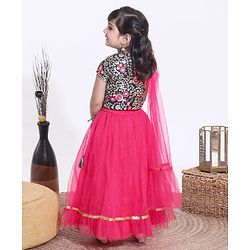 Babyhug Half Sleeves Sequined Choli and Mesh Lehenga Set with Ruffles Net Dupatta - Fuschia Navy Blue