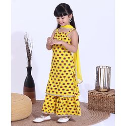 Babyhug Singlet Kurti & Sharara With Dupatta Floral Print - Yellow