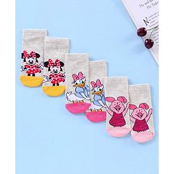Cute Walk by Babyhug Anti Bacterial Ankle Length Socks Disney Cartoon Characters Print Pack of 3 - Grey Pink Red