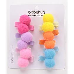 Babyhug Hair Clips With Pom Pom Applique Pack of 6 Pairs - Multicolor