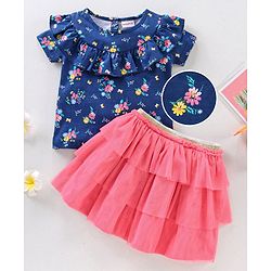 Babyhug Half Sleeves Printed Tops and Skirt - Blue Pink