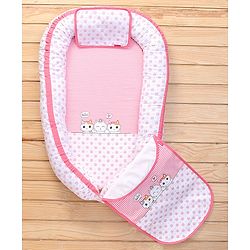 Babyhug Premium 3 Piece Nest Gadda Set With Diaper Changing Mat in Kitty Print - Pink