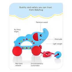 Babyhug Wooden Elephant Pull-Along Toy | Non-Toxic Walker Toy for Babies | Encourages Early Walking, Balance & Coordination | Safe & Durable | Ideal Birthday Gift | Blue | BIS Certified