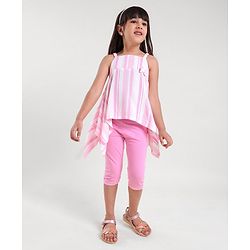 Babyhug Sleeveless Striped Top and Capris With Bow Applique - Pink