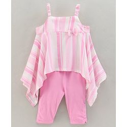 Babyhug Sleeveless Striped Top and Capris With Bow Applique - Pink