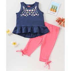 Babyhug Sleeveless Top & Capri Floral Embroidery - Navy Blue Light Pink