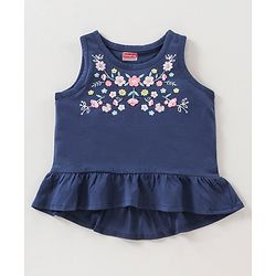 Babyhug Sleeveless Top & Capri Floral Embroidery - Navy Blue Light Pink