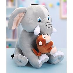 Babyhug Elephant with attached Monkey Soft Toy for Kids|Huggable Plush Animal Duo for Snuggles,Imaginative Play & Emotional Development|Cuddly Toy ideal for gifting|2+ Years|BIS|Height-30 cm