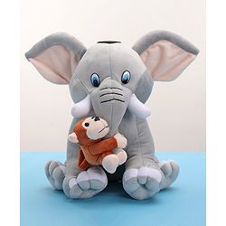 Babyhug Elephant with attached Monkey Soft Toy for Kids|Huggable Plush Animal Duo for Snuggles,Imaginative Play & Emotional Development|Cuddly Toy ideal for gifting|2+ Years|BIS|Height-30 cm