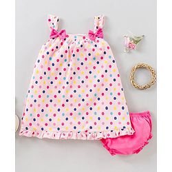 Babyhug Sleeveless A Line Polka Dot Frock With Bloomer Bow Appliques - Light Pink & Fuchsia