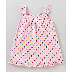 Babyhug Sleeveless A Line Polka Dot Frock With Bloomer Bow Appliques - Light Pink & Fuchsia