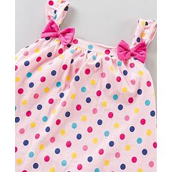 Babyhug Sleeveless A Line Polka Dot Frock With Bloomer Bow Appliques - Light Pink & Fuchsia