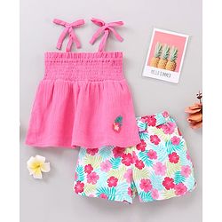Babyhug Sleeveless Solid Top & Printed Shorts Set- Pink