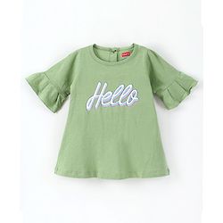 Babyhug 100% Cotton Half Sleeves Frock Hello Print - Green