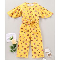 Babyhug 100%Cotton Flared Sleeves Jumpsuit With Fabric Belt  Floral Print - Yellow
