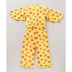 Babyhug 100%Cotton Flared Sleeves Jumpsuit With Fabric Belt  Floral Print - Yellow