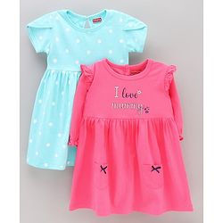 Babyhug 100% Cotton Full Sleeves Frocks Text Print Pack of 2 - Pink Turquoise