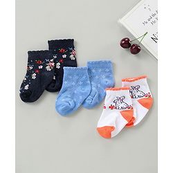 Cute Walk by Babyhug Cotton Blend Ankle Length Anti Bacterial Socks Floral Design Pack of 3 - Blue