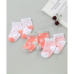 Cute Walk by Babyhug Cotton Blend Ankle Length Anti Bacterial Socks Floral Design Pack of 3 - Orange Pink