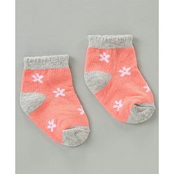Cute Walk by Babyhug Cotton Blend Ankle Length Anti Bacterial Socks Floral Design Pack of 3 - Orange Pink