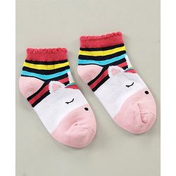 Cute Walk by Babyhug Cotton Blend Ankle Length Anti Bacterial Socks Unicorn Design Pack of 3 - Pink Blue