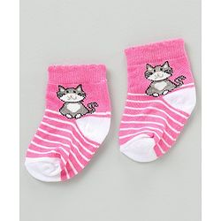 Cute Walk by Babyhug Cotton Blend Ankle Length Anti Bacterial Socks Kitty Design Pack of 3 - Pink Blue