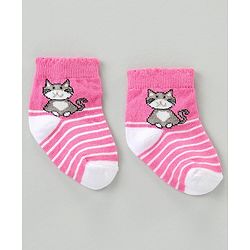Cute Walk by Babyhug Cotton Blend Ankle Length Anti Bacterial Socks Kitty Design Pack of 3 - Pink Blue