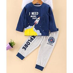 Babyhug Full Sleeves Night Suit Rocket Print - Navy Blue Light Grey