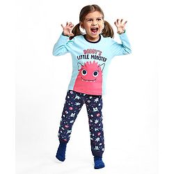 Babyhug Cotton Knit Full Sleeves Text Printed Night Suit - Blue