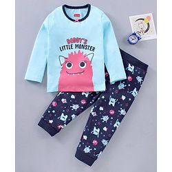 Babyhug Cotton Knit Full Sleeves Text Printed Night Suit - Blue