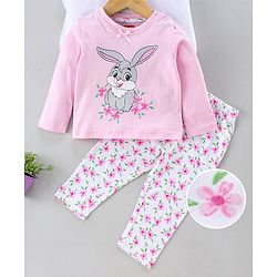 Babyhug Full Sleeves Night Suit Bunny Print - Light Pink White