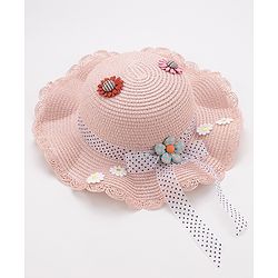 Babyhug Straw Hat With Flower & Ribbon Bow Applique - Pink