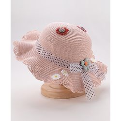 Babyhug Straw Hat With Flower & Ribbon Bow Applique - Pink