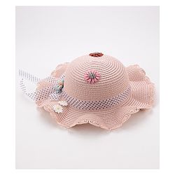 Babyhug Straw Hat With Flower & Ribbon Bow Applique - Pink