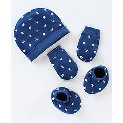Babyhug 100% Cotton Cap Mittens & Booties Set Star Print - Blue