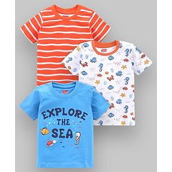Babyhug Half Sleeves Tees Sea Animals Print Pack of 3 - Orange Sky Blue White