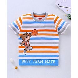 Babyhug Half Sleeves T-Shirt Bear & Stripes Print - Multicolour