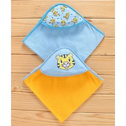 Babyhug Cotton Hooded Towels Tiger Print Pack of 2 - Yellow and Blue