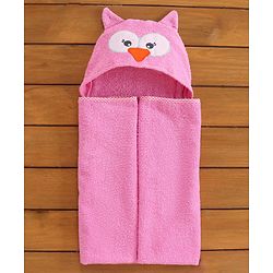 Babyhug Woven Terry Hooded Towel Owl Print - Pink