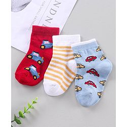 Cute Walk by Babyhug Ankle Length Antibacterial Socks Stripe And Car Design Pack Of 3 - Blue Red Yellow