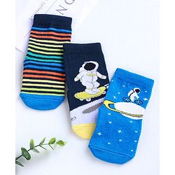 Cute Walk by Babyhug Ankle Length Anti Bacterial Socks Space Design Pack of 3 - Blue White