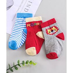 Cute Walk by Babyhug Ankle Length Anti-Bacterial Striped Socks Lion Design Pack of 3 - Blue Red Grey