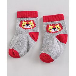 Cute Walk by Babyhug Ankle Length Anti-Bacterial Striped Socks Lion Design Pack of 3 - Blue Red Grey
